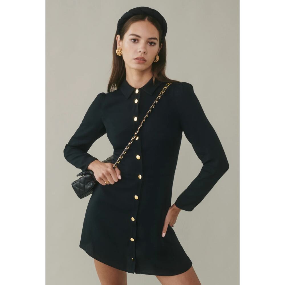 Reformation Black Mini Shirt Dress with Gold Buttons